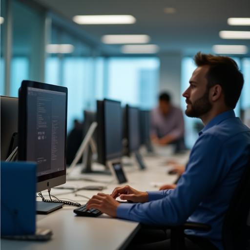 People using VoIP phones in an office.